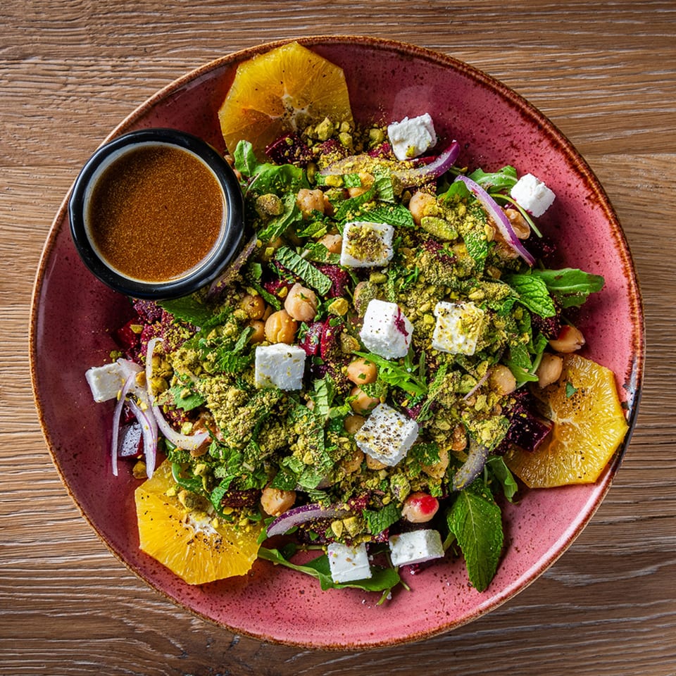 A vibrant Lebanese salad with chickpeas, feta, mint, pistachios, and orange slices, served with dressing.