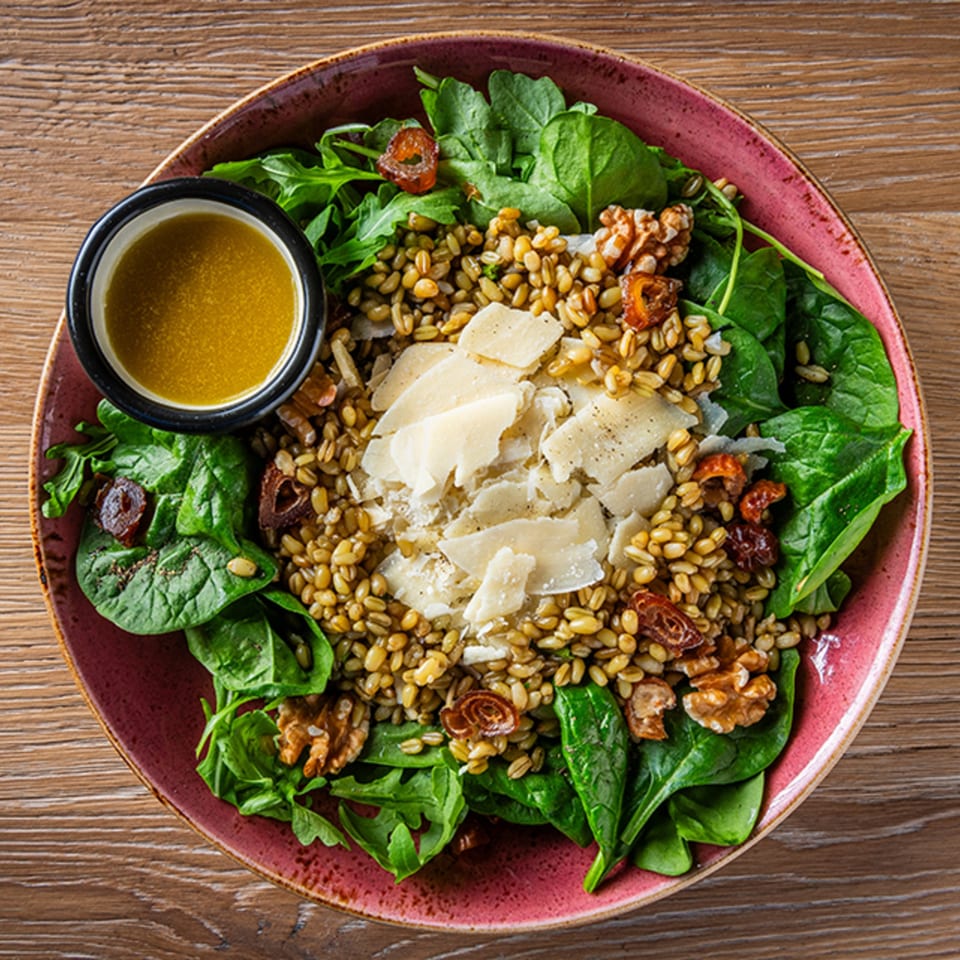 Zazzy's Lebanese salad with grains, spinach, walnuts, dates, parmesan, and dressing.